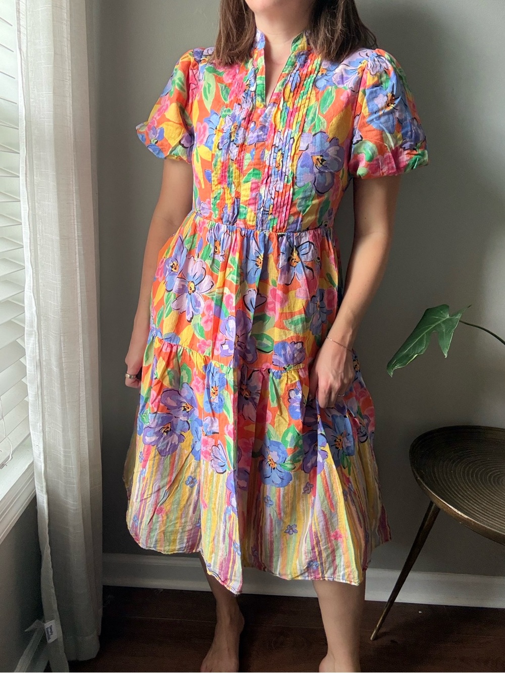 Floral Cottagecore Puff Sleeve Midi Dress - Size Large